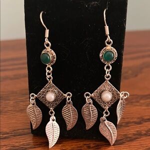 Elegant Silver and Green Leaf Dangle Earrings